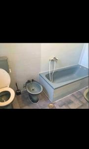 a bathroom with a tub and a toilet and a sink at podskoj apartment in Saplunara