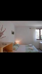 a bedroom with a bed and a desk and a window at podskoj apartment in Saplunara