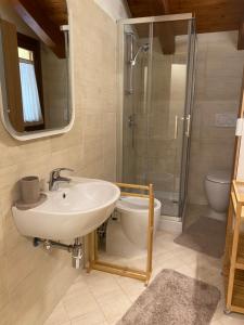 a bathroom with a sink and a shower and a toilet at Maison Poluc - Le Petit Chalet in Champoluc +13 photos