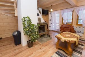a living room with a chair and a fireplace at Domek Góralski Suche in Suche