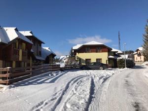 a road covered in snow with houses and a car at Apartmani Ivanovic in Zlatibor