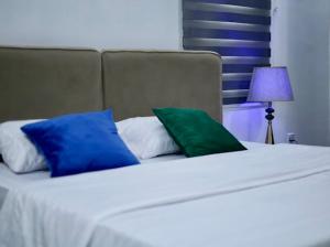 a bed with two blue and green pillows on it at Uzzy Homes in Lagos