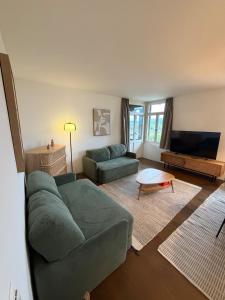 a living room with a couch and a flat screen tv at LaVida Panorama Thunersee, Wellness Oasis, Mountains in Thun