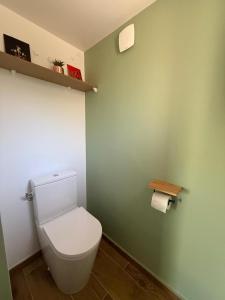 a bathroom with a white toilet in a green wall at Studio vert à 400 m de la plage in Le Pradet