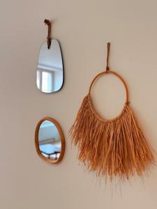 a mirror and a mirror with fringe on a wall at Le Commerce-Gare-Centre-Ville in Montbéliard