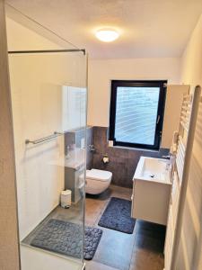 a bathroom with a shower and a toilet and a sink at ARGENTA Living 42 in Künzell +92 photos