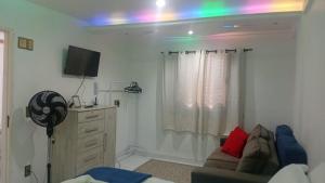 a living room with a couch and a television at Apartamento A 43 Flat Centro in Mogi das Cruzes