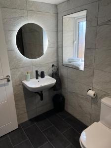 a bathroom with a sink and a mirror and a toilet at Milk Shed in Chard