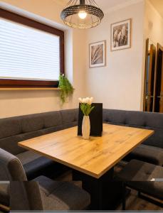 a table in a waiting room with a vase of flowers on it at FeWo Prinzregent - große Zentrale Wohnung, ideal für Gruppen & Familien in Bad Kissingen
