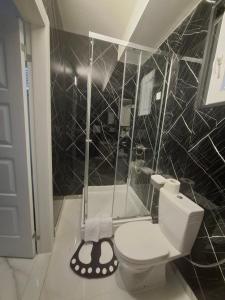 a black and white bathroom with a toilet and a shower at Airport apartment Delić in Golubovci
