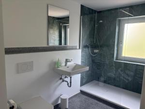 a bathroom with a sink and a shower at Appartementhaus Silke in Bad Füssing