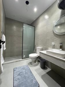 a bathroom with a toilet and a shower and a sink at Saloumy pyramids hotel in Nazlat as Sammān +34 photos
