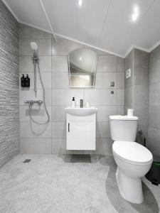a bathroom with a toilet and a sink and a shower at Paradise View Rooms in Shkorpilovtsi +47 photos