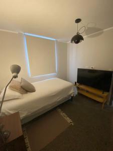 a bedroom with a bed and a tv and a lamp at Exponor 2026 DEPARTAMENTO 1 DORMITORIO in Antofagasta