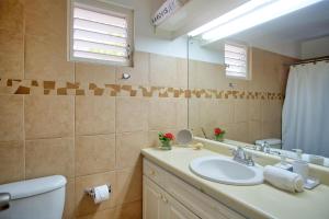 a bathroom with a sink and a toilet and a mirror at 3BR Beachfront Villa w/ Staff-DRMNV in Duncans +28 photos