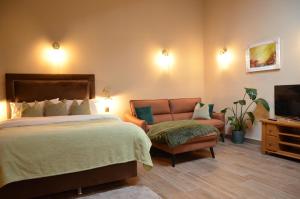 a bedroom with a bed and a couch and a tv at Oak field Cottages Belfast open plan studio stunning & tranquil in Dunmurry