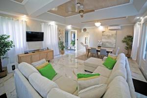 a large living room with a couch and a television at 3BR Modern Villa w/ Private Pool & Fire Pit in Saint Philip
