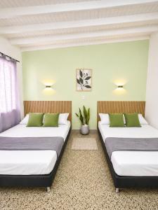 two beds in a room with green and white at Absolute Nova Hotel in Medellín