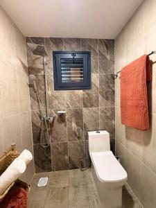 a bathroom with a shower and a toilet and a window at Cocon de paix à Ngor Virage in Dakar