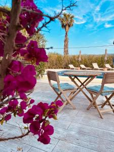 a picnic table and chairs with purple flowers at B&B Casa Ellie in Tormos