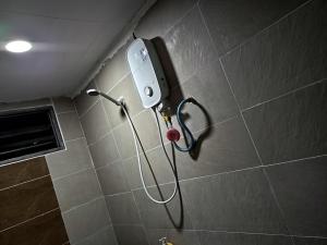 a shower in a bathroom with a blow dryer at Ferringhi Beach Guesthouse-3bed in Batu Ferringhi +38 photos