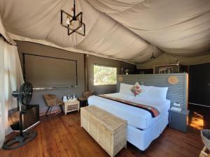 a bedroom with a large bed in a tent at Rustic Gate Lodge and Campsite in Maun