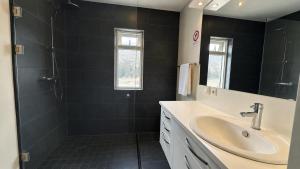 a bathroom with a sink and a shower at Thorbrandsstadir Farm Holidays in Þorbrandsstaðir +31 photos