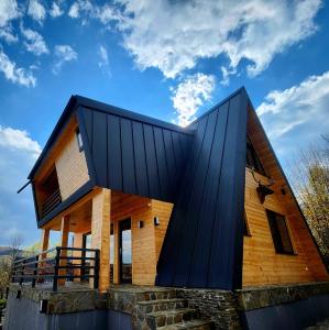 ein Haus mit schwarzem Dach in der Unterkunft Fox Cabins in Trăisteni