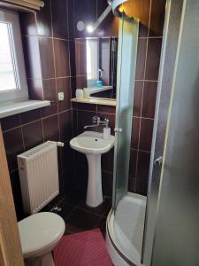 a bathroom with a sink and a toilet and a shower at Pokoje U Anny i Łukasza in Swornegacie +14 photos