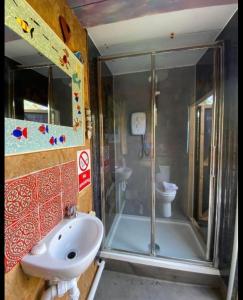 a bathroom with a shower and a sink and a toilet at Allys cute Campervan in Carbis Bay