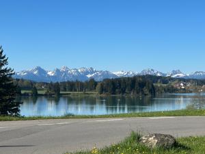 a view of a lake with mountains in the background at Ferienhaus Lechseeidylle in Lechbruck