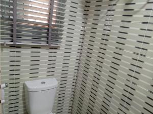 a bathroom with a white toilet and a window at Lovely surulere apartment in Lagos +3 photos