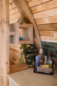 a room with wooden walls and a shelf with a plant at Doxford Farm Camping in Alnwick +121 photos