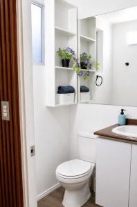 a white bathroom with a toilet and a sink at Acogedor departamento céntrico vista al lago in Villarrica +14 photos