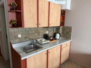 a kitchen with a sink and a counter top at Vythos Rooms in Paralio Astros