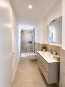 a bathroom with a shower and a sink and a toilet at Iseo Collection in Riva di Solto
