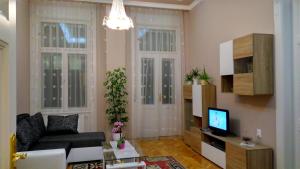 a living room with a couch and a television at Klauzál Apartment in Szeged +6 photos