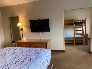 a bedroom with a bed and a tv and a bunk bed at Edmore Inn in Edmore