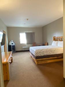 a bedroom with a bed and a desk and a window at Edmore Inn in Edmore