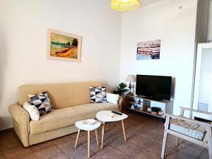 a living room with a couch and a tv at Cyclades Serenity Beach House in Kipri