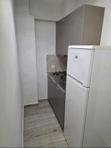 a small kitchen with a refrigerator and a stove at Chriselia Studios in Nea Roda