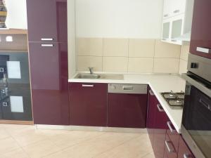 a kitchen with purple cabinets and a sink at Apartments Nikola in Pučišća +17 photos