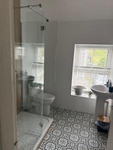 a bathroom with a shower and a toilet and a sink at Cosy seaside cottage in Criccieth +37 photos