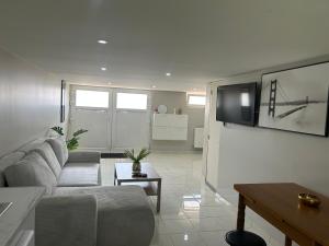 a living room with a couch and a tv at Chez Lina in Chartres