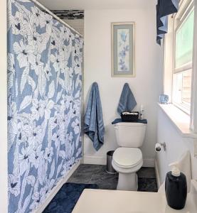 a bathroom with a toilet and a blue and white wallpaper at Waterfront Gem in Willingboro +44 photos