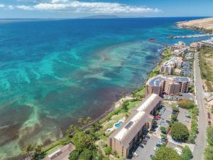 an aerial view of the beach and the ocean at 401 Maalaea Banyans in Wailuku