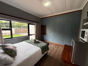 a bedroom with a bed and a window and a television at Adriaan Place in Bethlehem