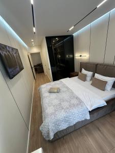 a bedroom with a large bed and a television at Euroconfort Ciocana Apartment Exfactor 6 in Chişinău