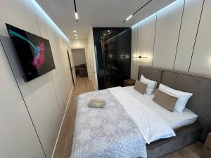 a bedroom with a bed and a tv on a wall at Euroconfort Ciocana Apartment Exfactor 6 in Chişinău