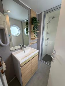 a bathroom with a sink and a shower and a mirror at Chalet Masion Meerwijck 6 aan het Zuidlaardermeer in Kropswolde +24 photos